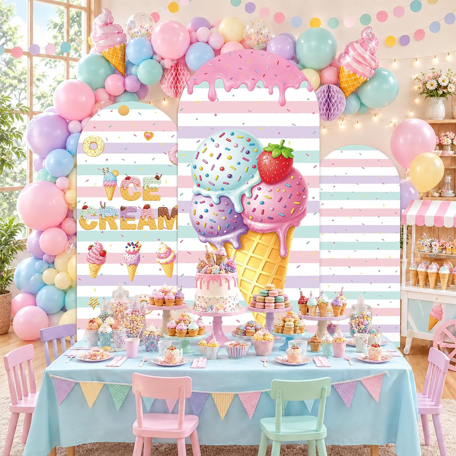 Custom 2-sided Striped Ice Cre - đánh giá và giá Dessert Table Backdrop