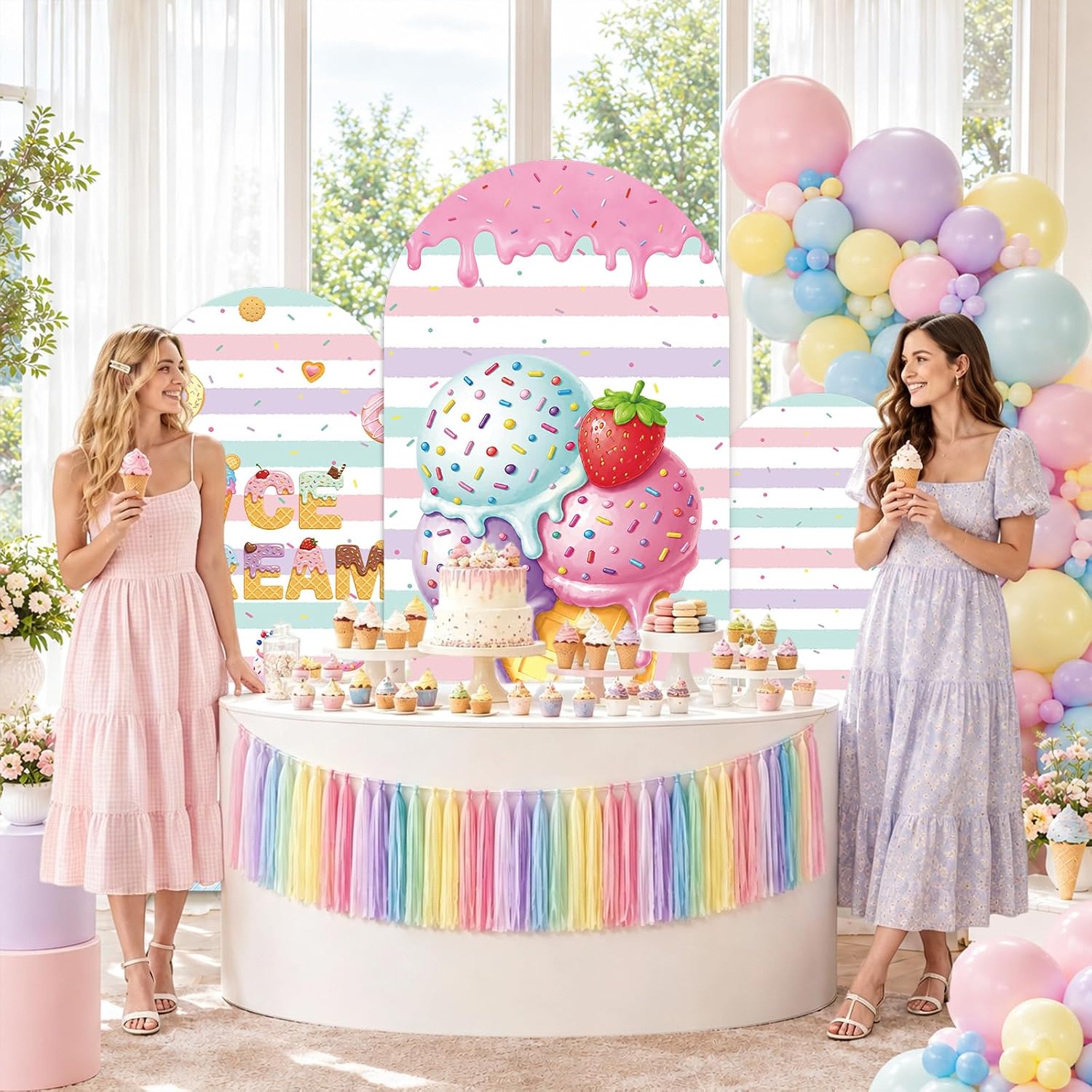 Custom 2-sided Striped Ice Cre - đánh giá và giá Dessert Table Backdrop