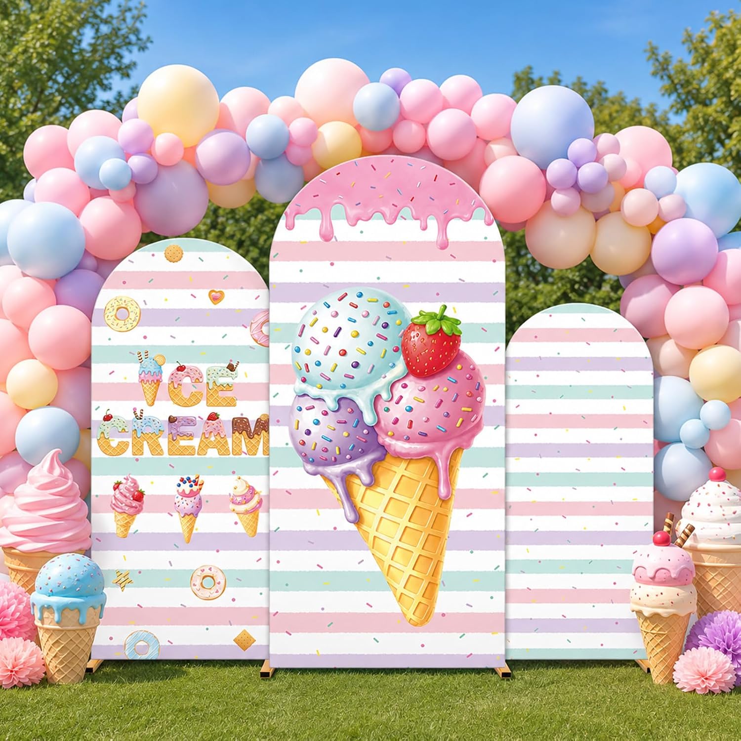 Custom 2-sided Striped Ice Cre - đánh giá và giá Dessert Table Backdrop