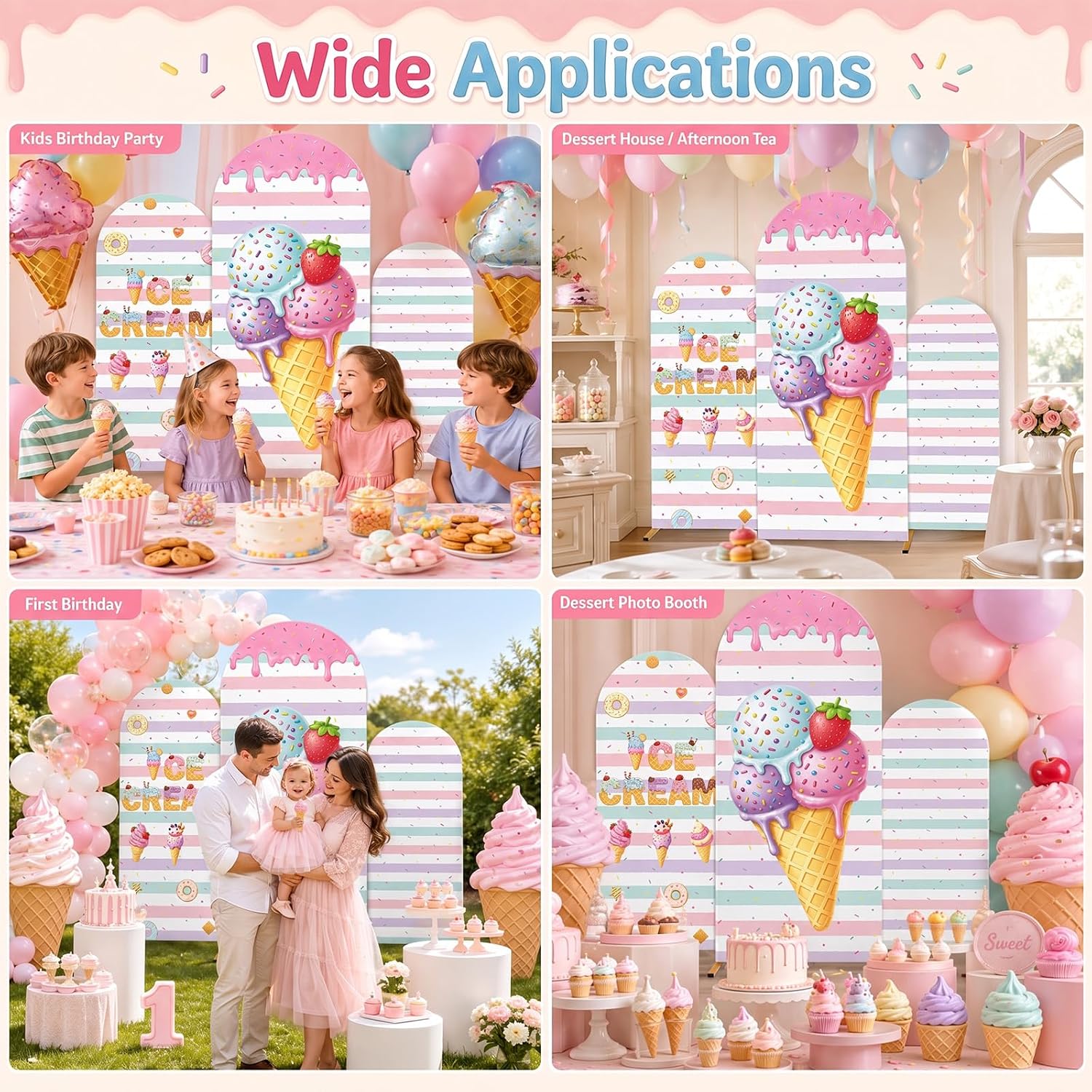 Custom 2-sided Striped Ice Cre - đánh giá và giá Dessert Table Backdrop
